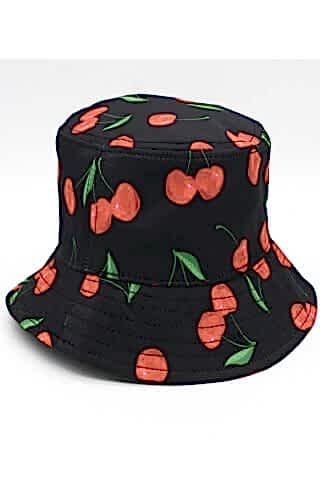 Desenli Bucket şapka Kiraz Desenli Kadın Kova Şapka Siyah