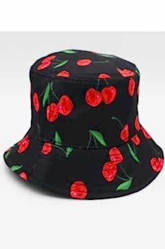 Desenli Bucket şapka Kiraz Desenli Kadın Kova Şapka Siyah
