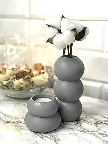 Tealight Mumluk Ve Vazo Seti 2'li Set Hediyelik Gri